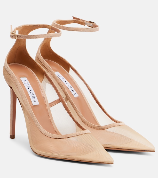 AQUAZZURA Love Affair 105 suede-trimmed mesh pumps