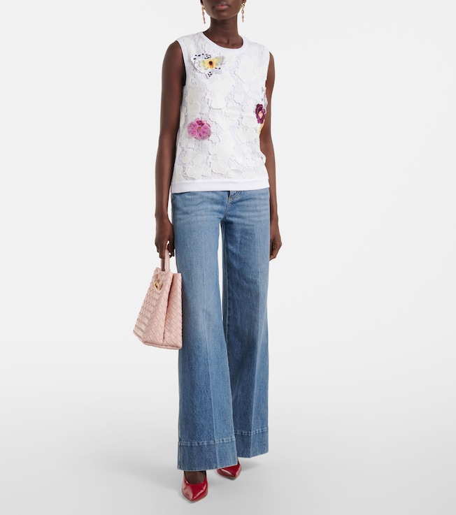 Oscar de la Renta Lace-trimmed floral-appliqué cotton-blend top
