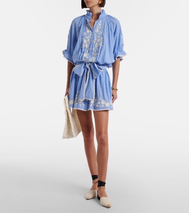 Juliet Dunn Embroidered cotton chambray minidress