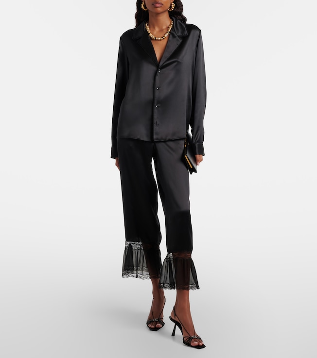 Saint Laurent Lace-trimmed silk satin wide-leg pants