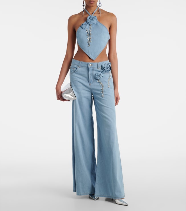Area Embellished floral-appliqué wide-leg jeans