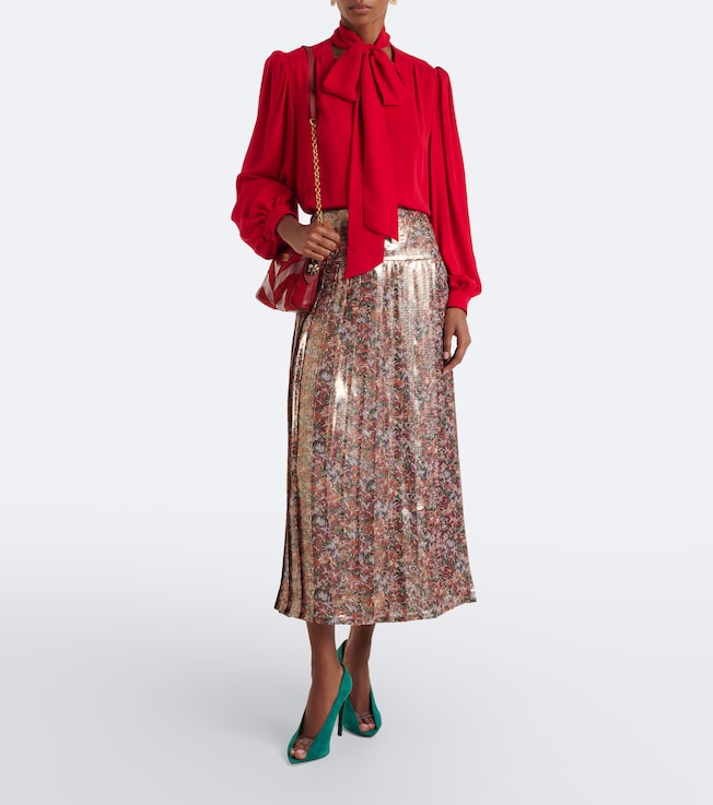 Valentino Floral pleated silk-blend lamé midi skirt