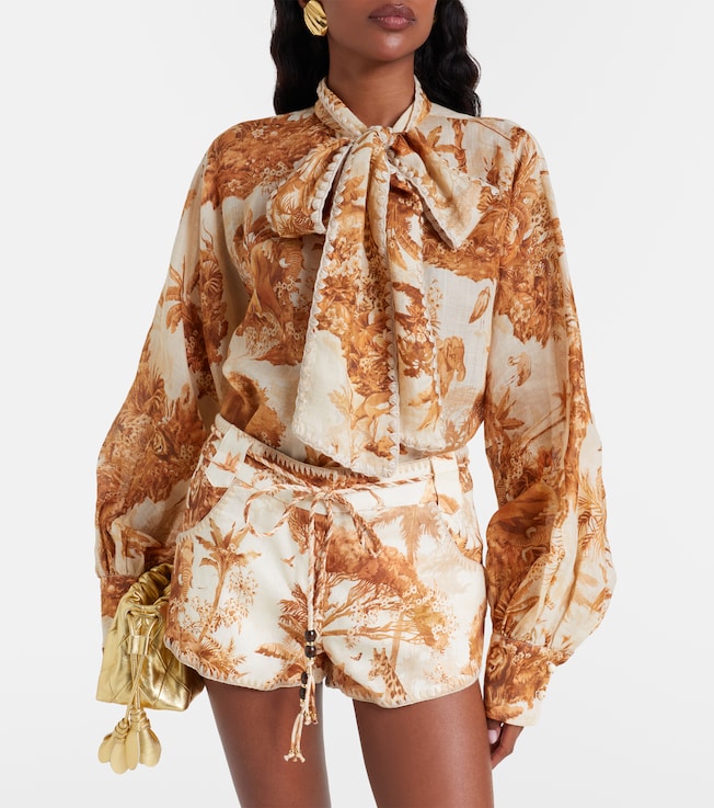 Zimmermann Indra printed tie-neck ramie blouse