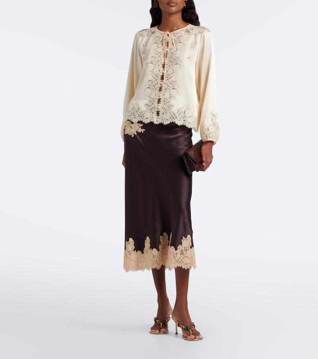 Dôen Elowen lace-trimmed silk satin midi skirt