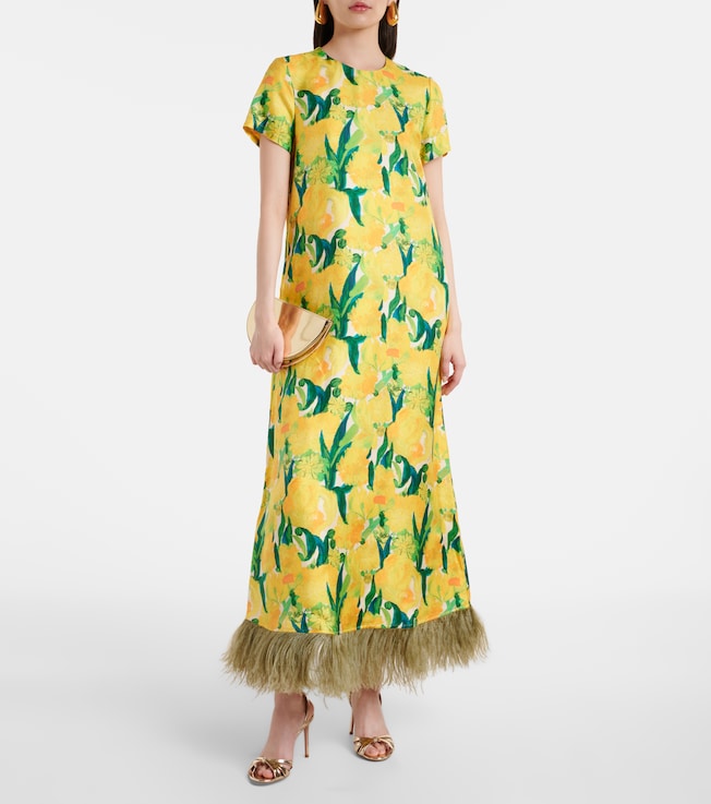 La DoubleJ Swing feather-trimmed silk maxi dress