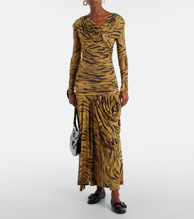 GANNI Asymmetric draped tiger-print maxi dress