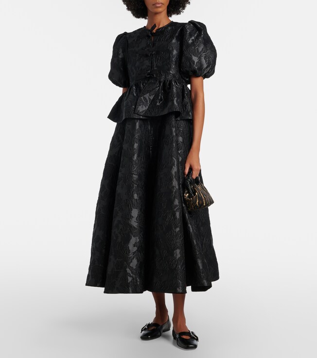 GANNI Bow-detail floral peplum satin blouse