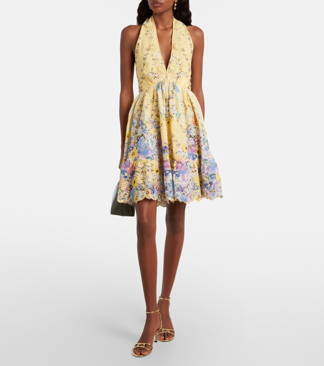 Camilla Embellished floral halterneck linen minidress