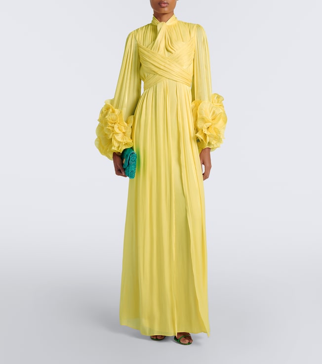 Costarellos Costarellos Floral-appliqué plated Lurex georgette gown