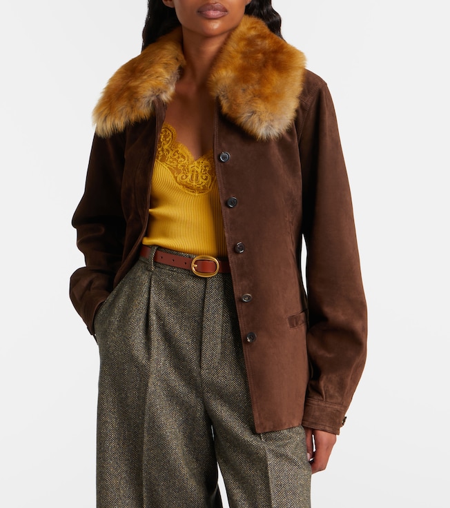 Saint Laurent Belted shearling-trimmed suede jacket
