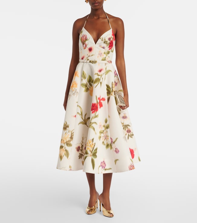 Oscar de la Renta Belted floral faille cocktail dress