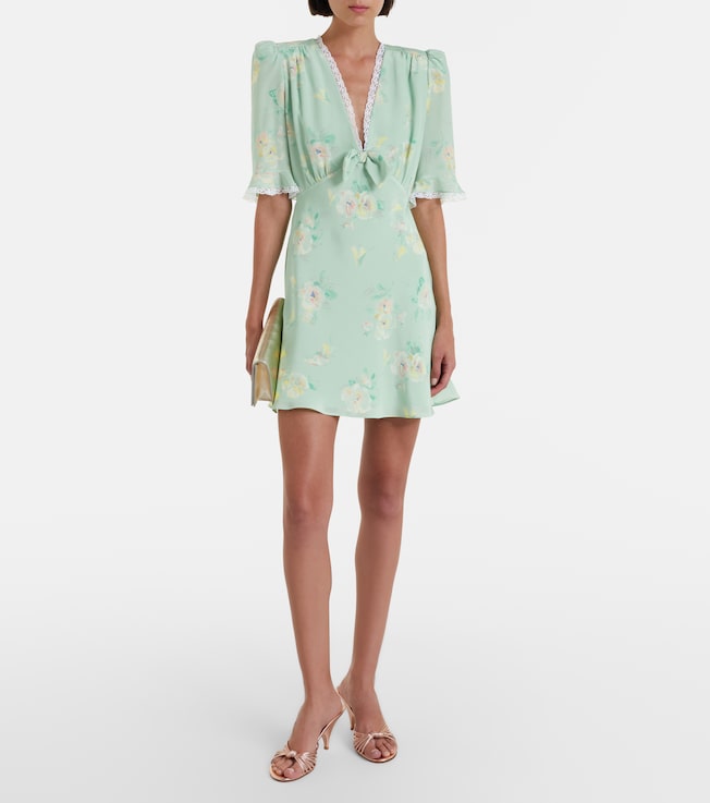Alessandra Rich Lace-trimmed floral silk minidress