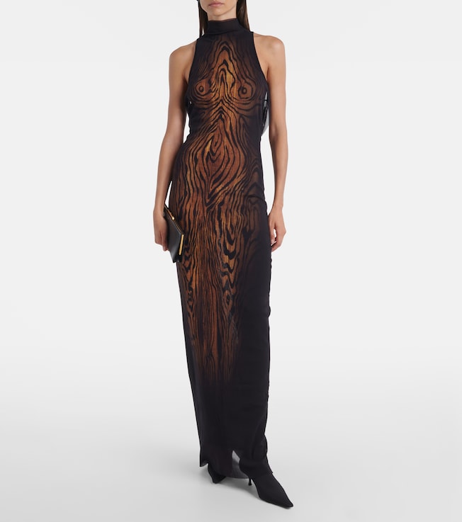 Jean Paul Gaultier Wood printed mesh maxi dress