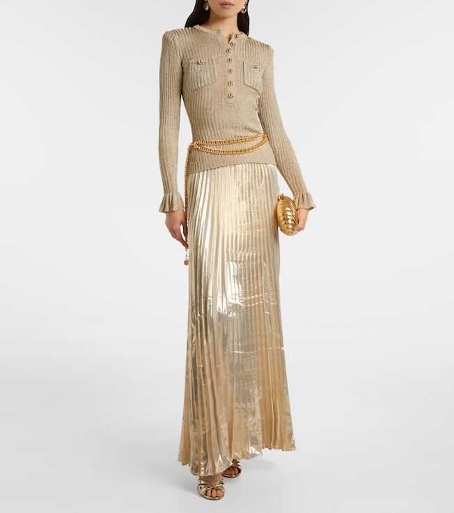 self-portrait Ribbed-knit lamé plissé maxi dress