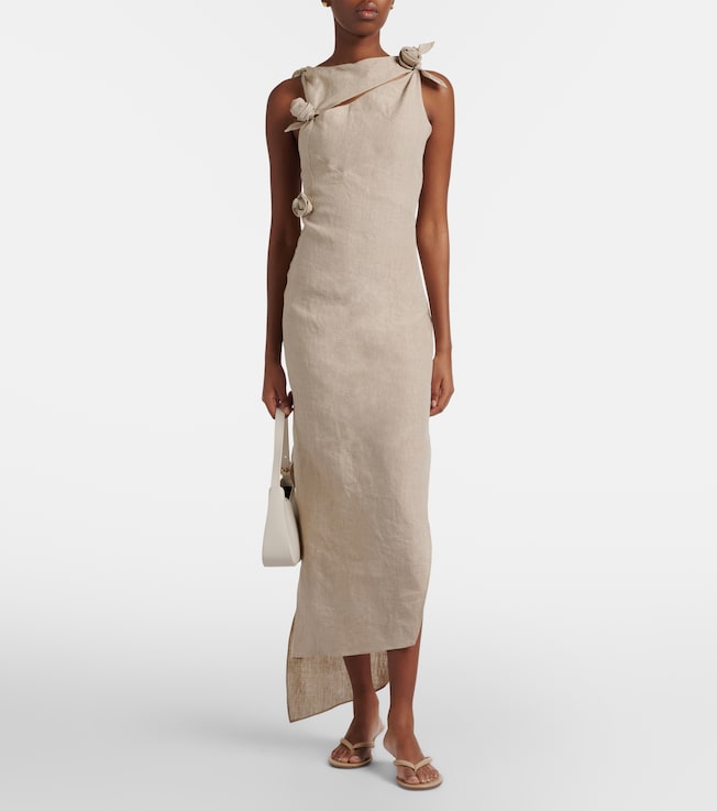 Coperni Floral-appliqué asymmetric linen maxi dress