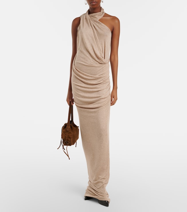 Draped jersey maxi dresses with asymmetric necklines | Plush