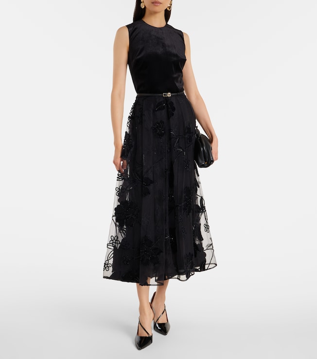 Elie Saab Embroidered tulle and velvet midi dress