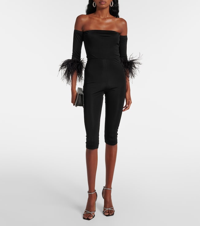 The New Arrivals Ilkyaz Ozel Feather-trimmed off-shoulder jumpsuit