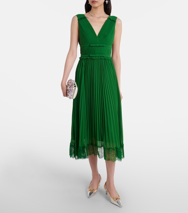 self-portrait Lace-trimmed plissé chiffon midi dress