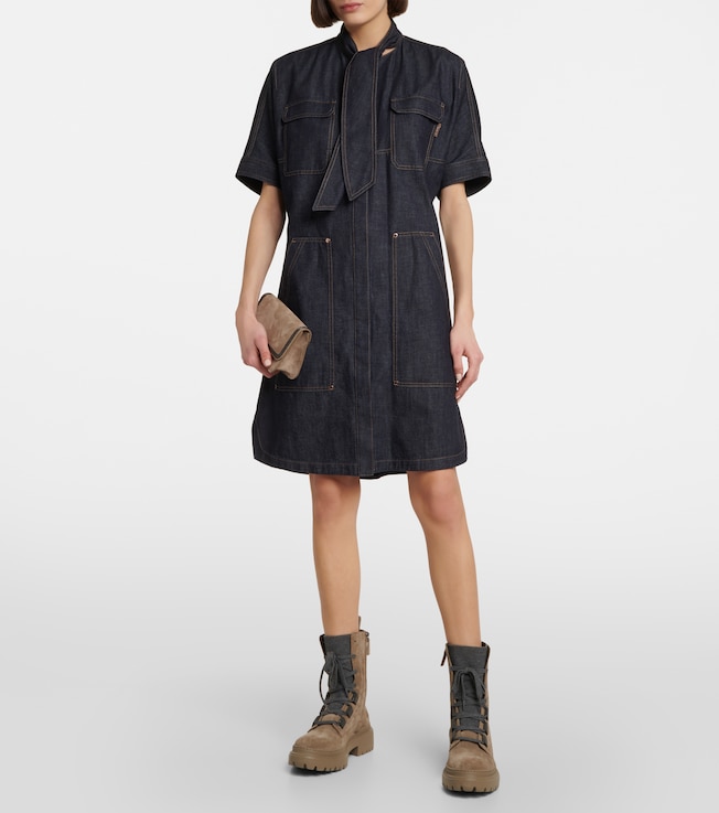 Brunello Cucinelli Tie-neck denim dress