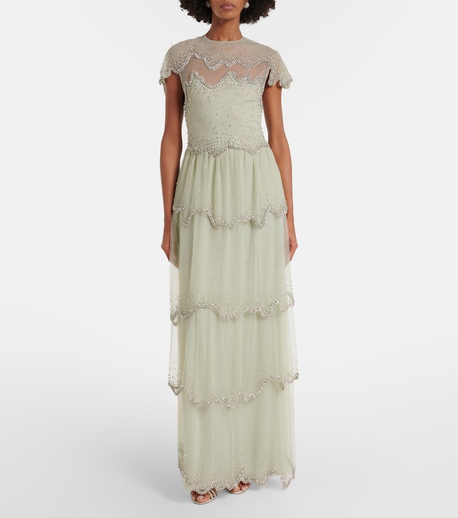 Costarellos Zaria embellished tiered tulle gown