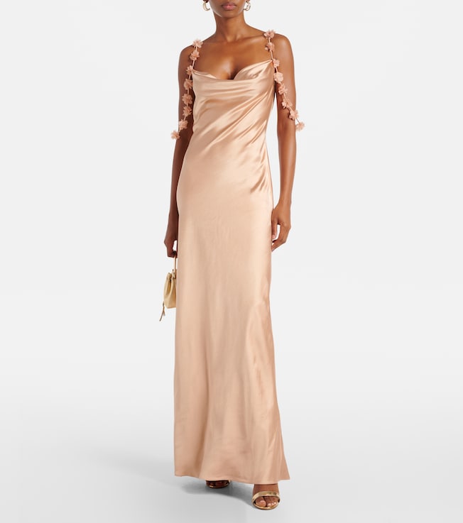 self-portrait Floral-appliqué satin slip dress