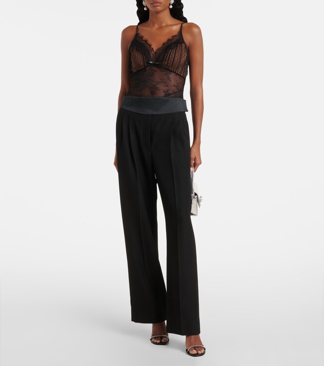 self-portrait Embroidered lace-trimmed mesh bodysuit