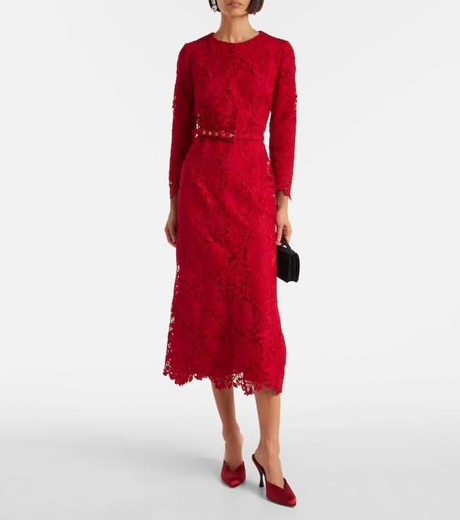 Monique Lhuillier Belted lace midi dress