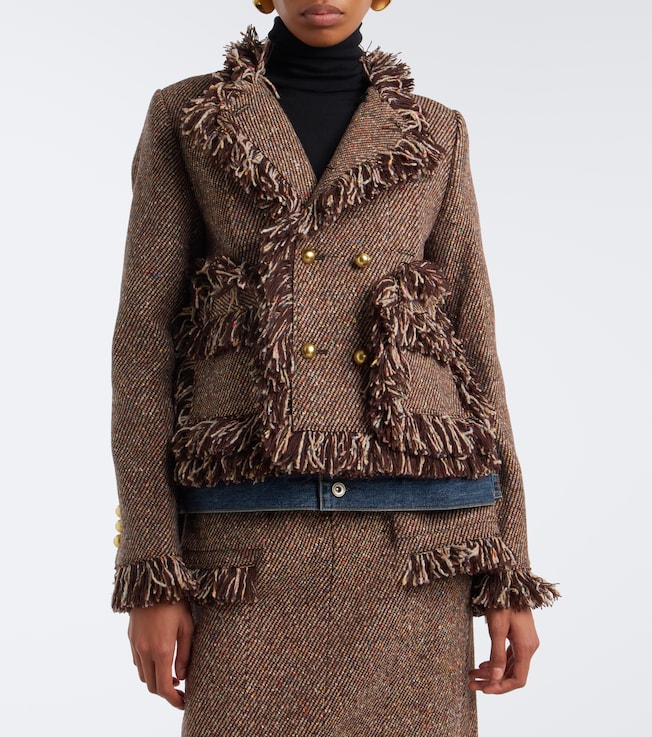 Sacai Sacai Fringed tweed and denim jacket