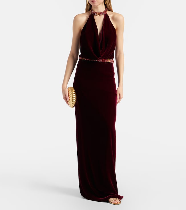 Costarellos Draped embellished halterneck velvet gown