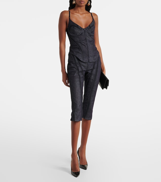 Mugler Mesh-trimmed denim corset