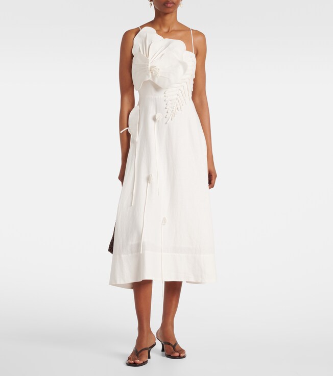 FARM Rio Floral-appliqué linen-blend midi dress