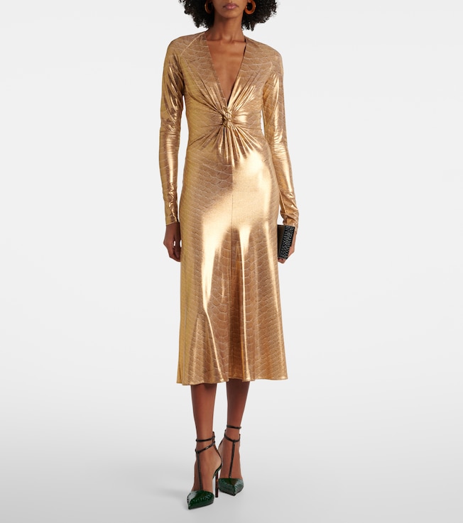 ROBERTO CAVALLI Embellished snake-print midi dress