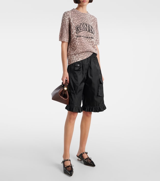 GANNI Logo leopard-print wool-blend top