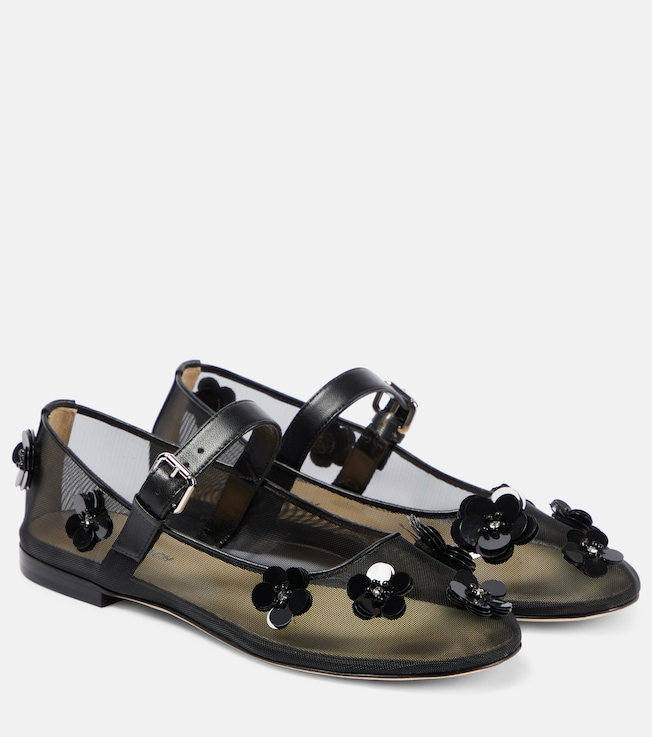 MACH & MACH Sequined floral-appliqué Mary Jane flats
