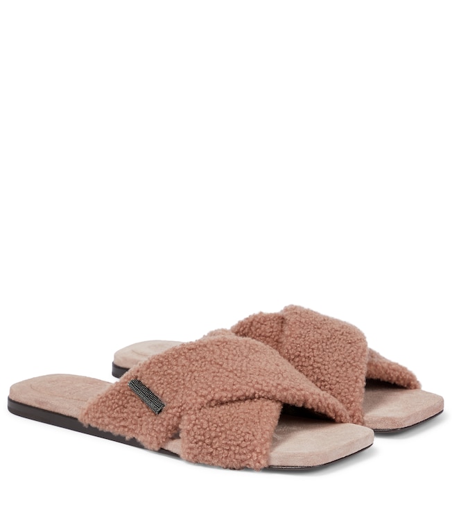 Brunello Cucinelli Embellished shearling slides