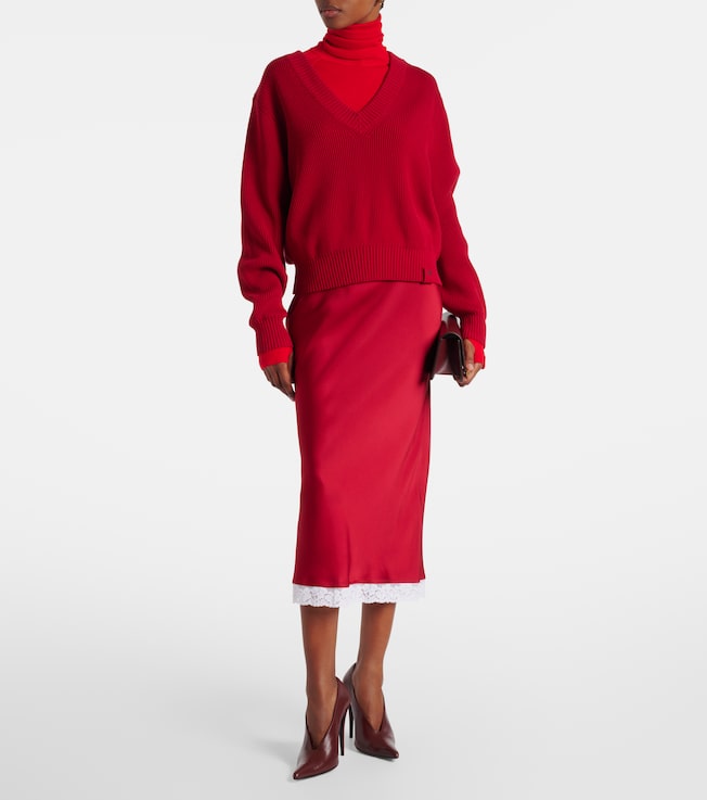 Victoria Beckham Lace-trimmed satin midi skirt