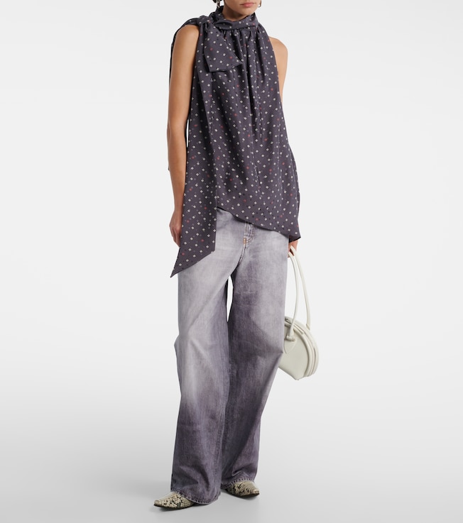 Acne Studios Bow-detail printed asymmetric silk top
