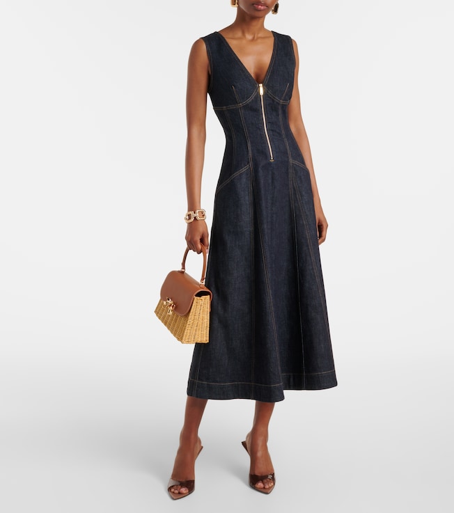 self-portrait Zip-up denim midi dress