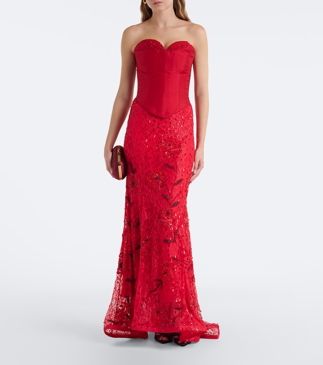 LA FUORI Là Fuori Embellished lace bustier gown