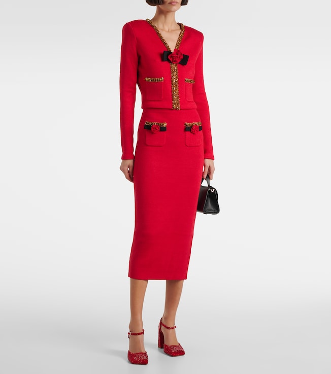 self-portrait Embellished knitted midi skirt