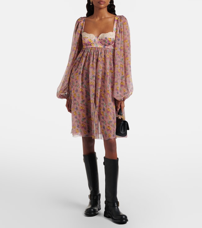 Dolce&Gabbana Floral lace-trimmed silk and cotton-blend chiffon minidress