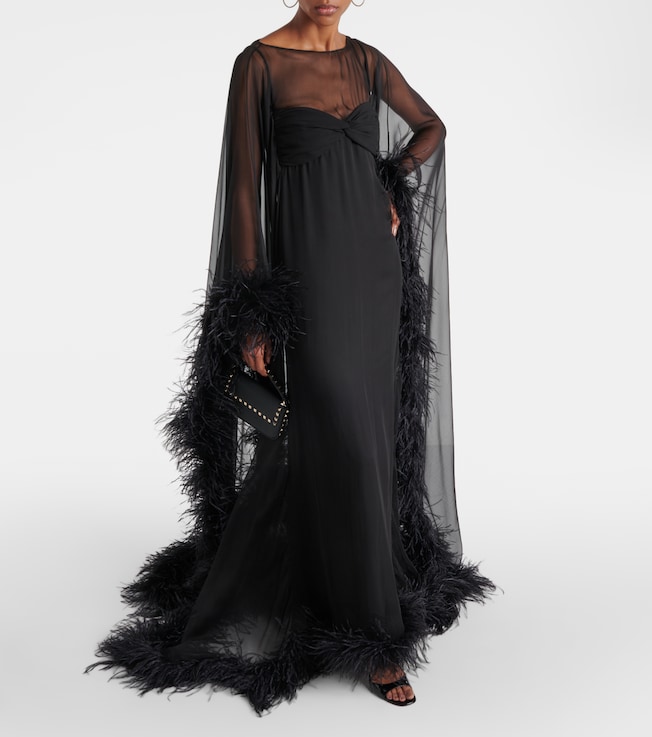 Valentino Caped feather-trimmed silk gown