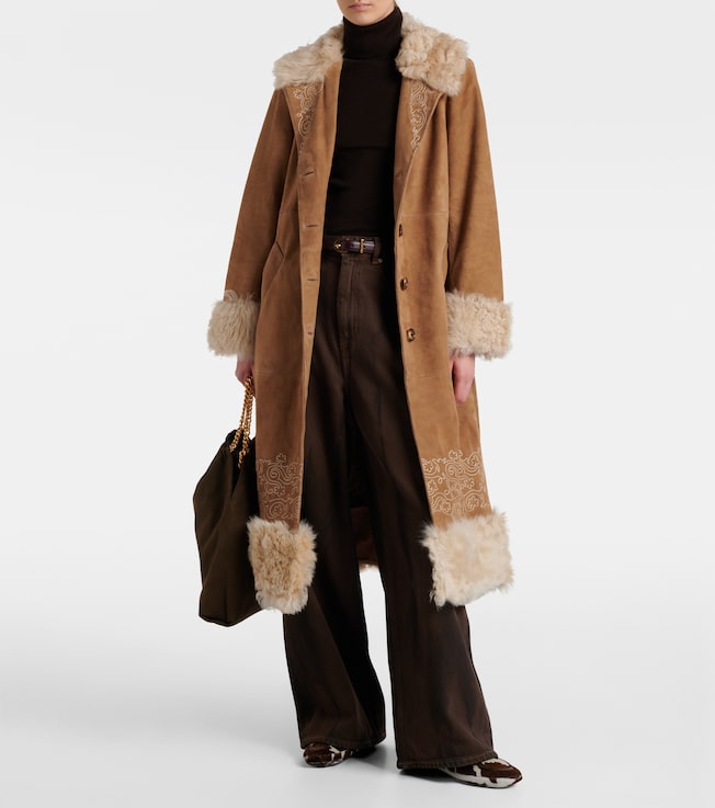 RIXO Cienna embroidered suede coat