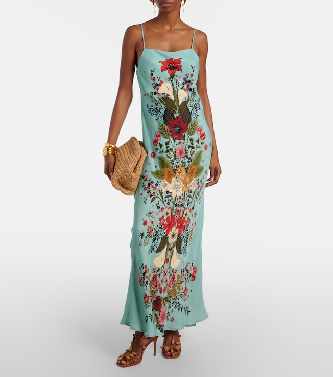 farm rio floral satin slip dress Farm Rio Floral-print Satin Midi Slip Dress In Black
