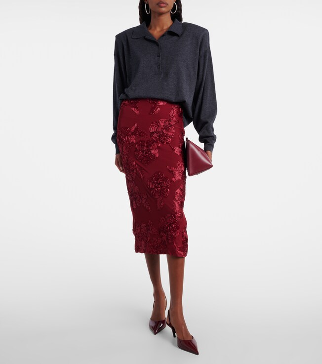 Rotate Floral-appliqué mesh pencil skirt