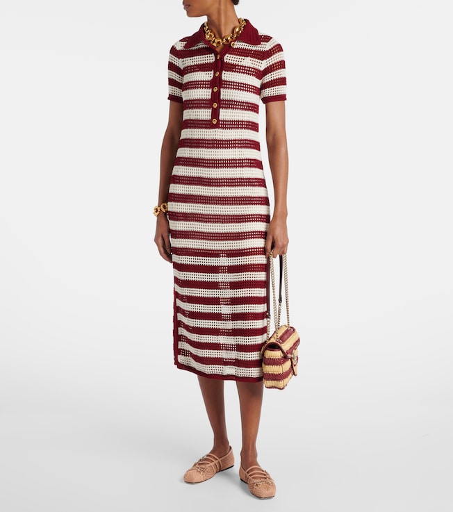 Gucci Open-knit striped silk polo dress