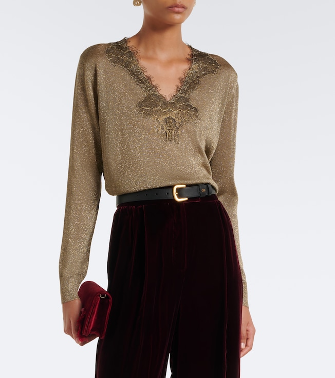 Valentino Garavani Valentino Garavani Lace-trimmed lamé sweater