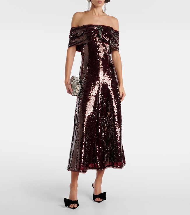 self-portrait Sequined off-shoulder midi dress