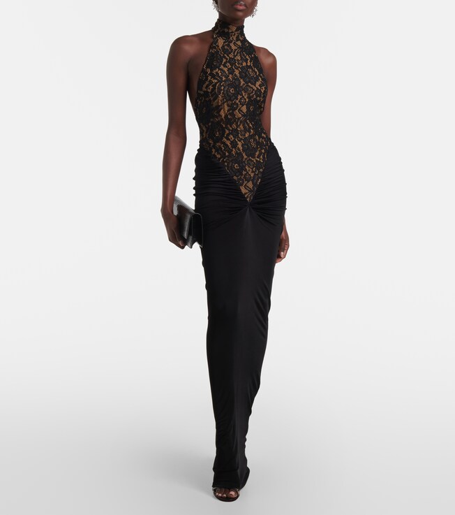 The New Arrivals Ilkyaz Ozel Cass lace-trimmed ruched halterneck gown